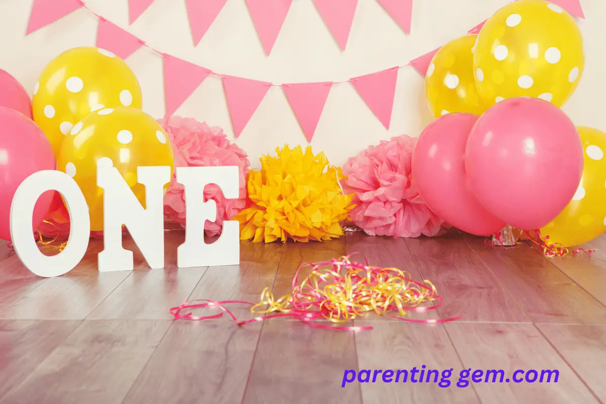beautifully decorated first birthday party setting with vibrant colors, balloons, and a happy baby.